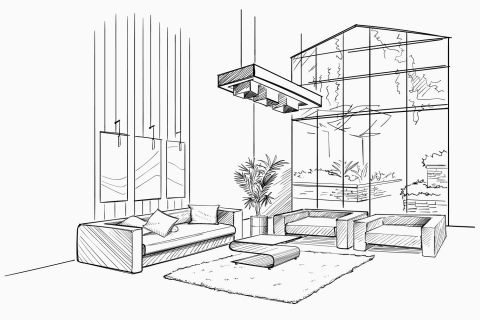 Hand drawn architectural sketch of a residential living room and its lighting