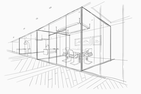 Hand drawn architectural sketch of an offices conference room and its lighting