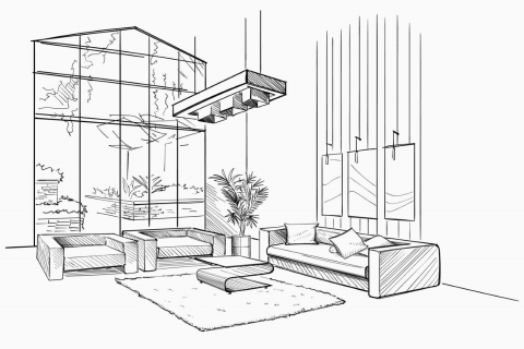 Hand drawn architectural sketch of a residential living room and its lighting