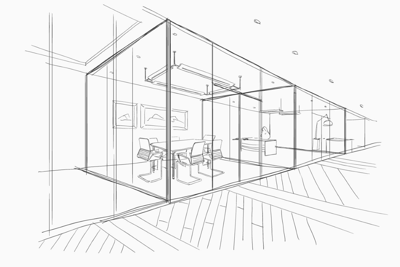 Hand drawn architectural sketch of an offices conference room and its lighting