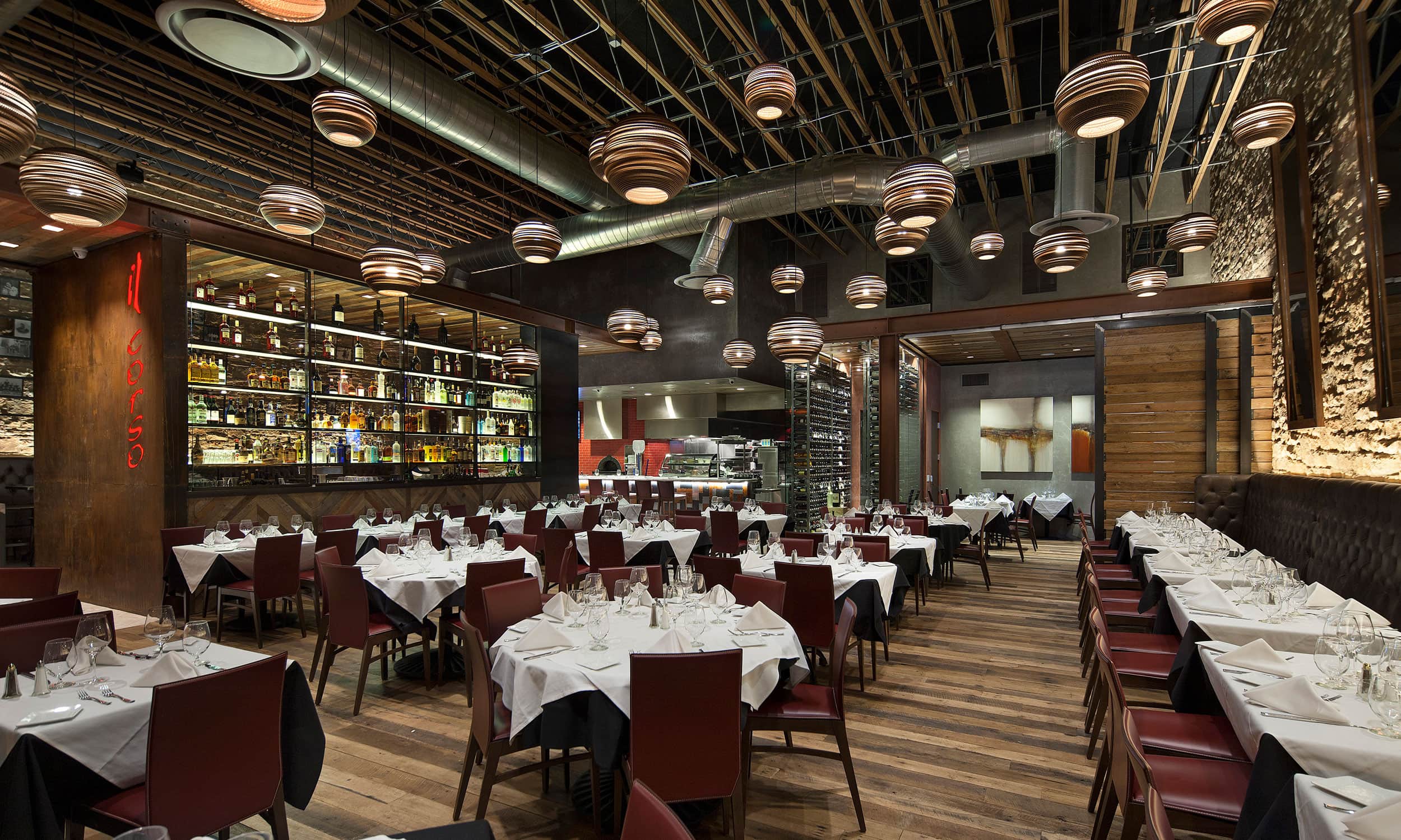 An upscale restaurants main dining room and its lighting setup